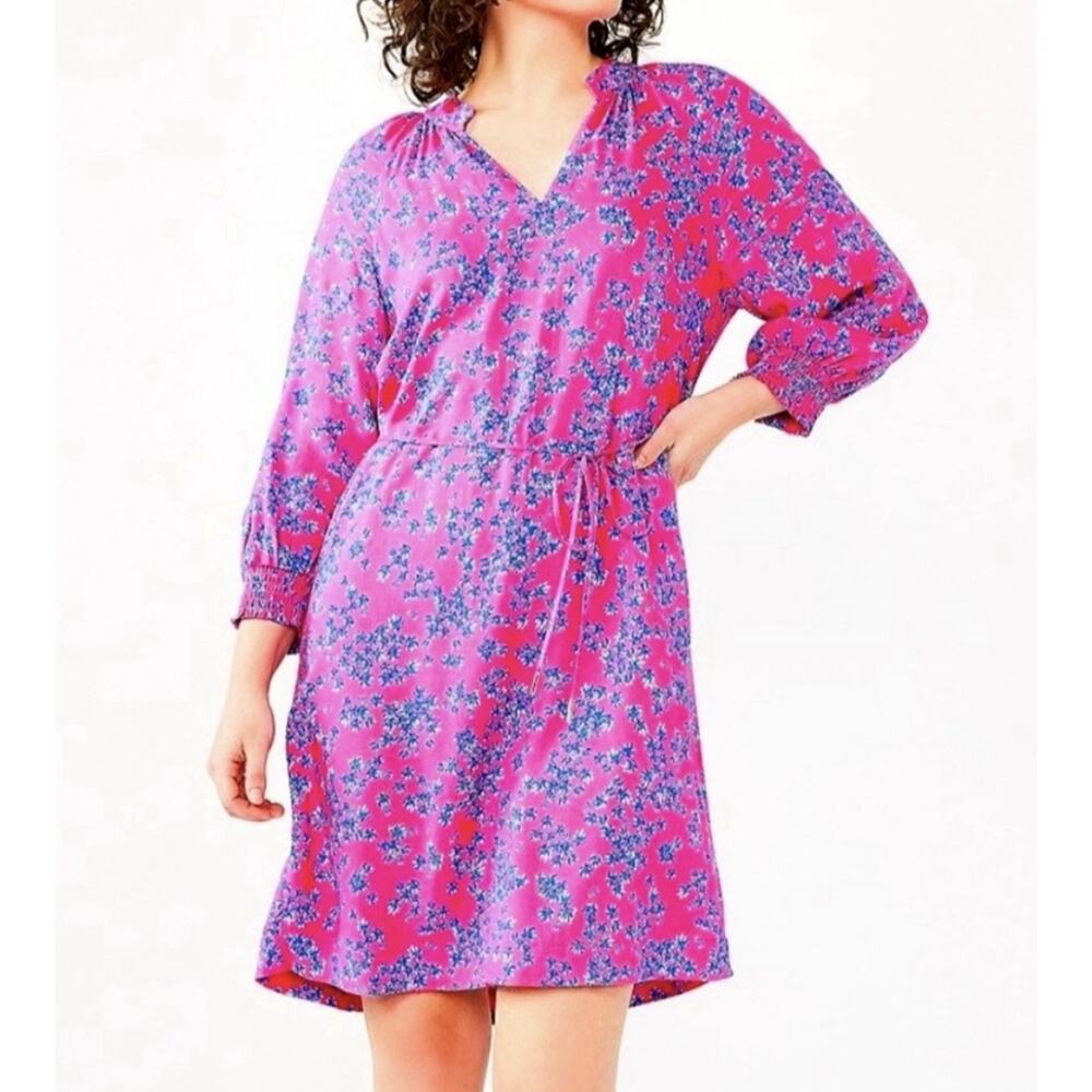 Draper James RSVP V-Neck Smocked Sleeve Pink Blue Ditsy Floral Dress Medium